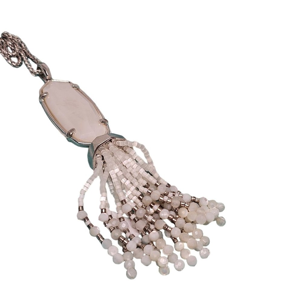 Kendra Scott Eva Necklace White Mother Of Pearl Long Tassel Pedant Beaded Silver - Picture 6 of 12